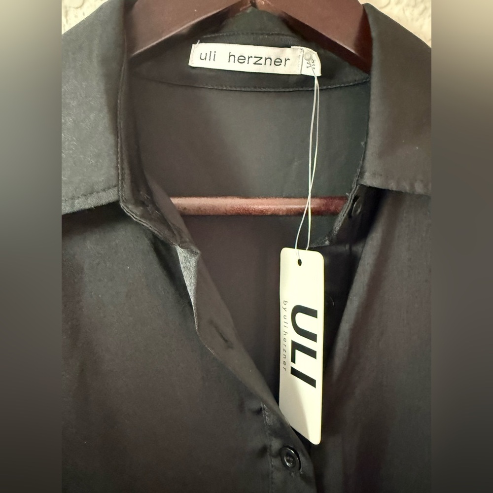 Uli Herzner Black Shirt Dress | Ruffle Hem| Silk Blend | Elegant Mini Dress - Picture 3 of 13